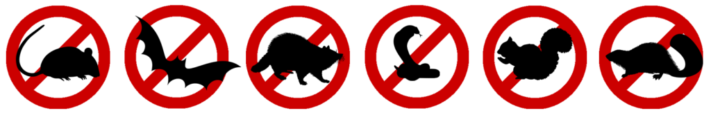 Row of prohibition icons crossing out a bird, rat, and snake