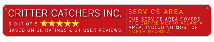 Critter Catchers Inc. rating badge showing stars and user reviews, with a description of the service area